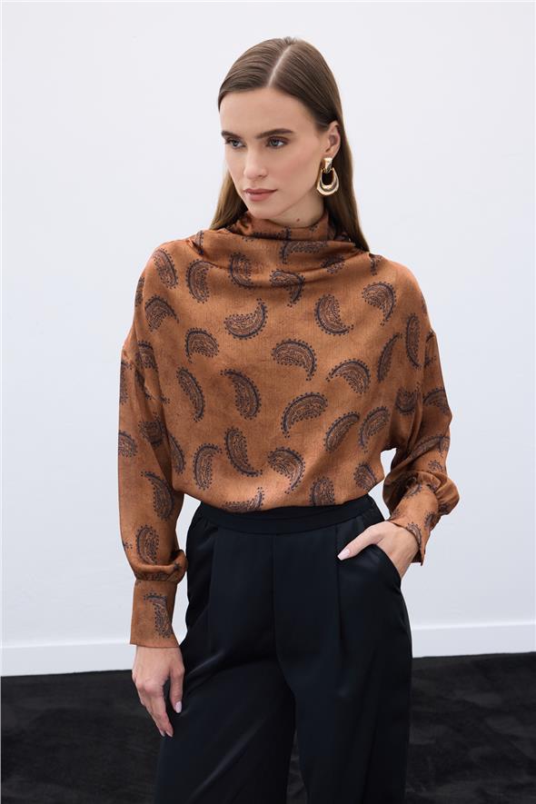 Degaje Yaka Desenli Bluz - Kahve