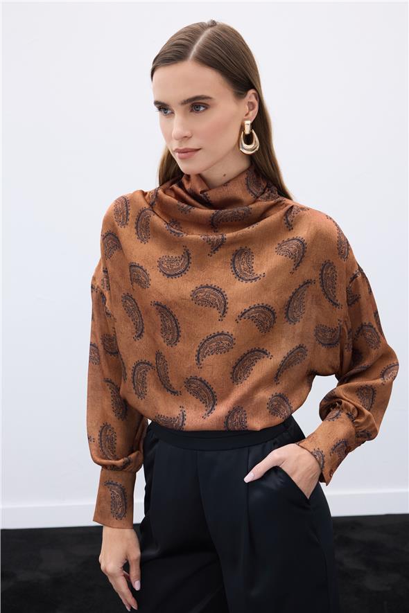 Degaje Yaka Desenli Bluz - Kahve