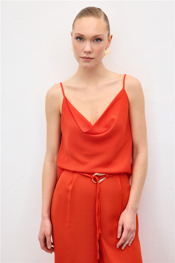 Degaje Yaka Dökümlü Bluz - Oranj