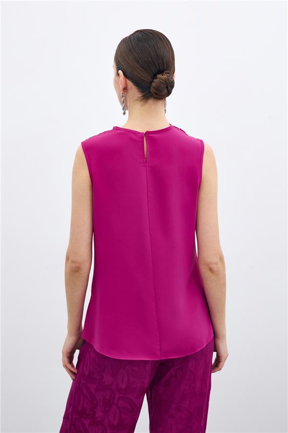 Degaje Yaka Kolsuz Bluz - Fuşya