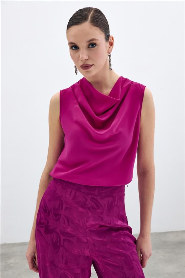 Degaje Yaka Kolsuz Bluz - Fuşya