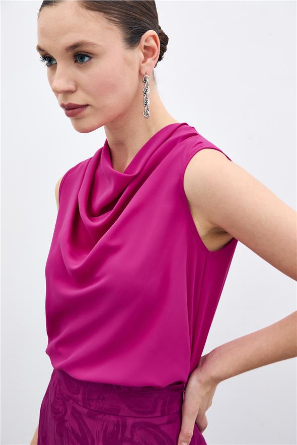 Degaje Yaka Kolsuz Bluz - Fuşya