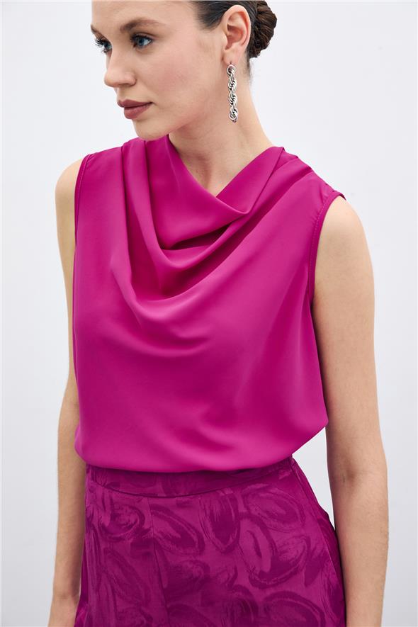 Degaje Yaka Kolsuz Bluz - Fuşya