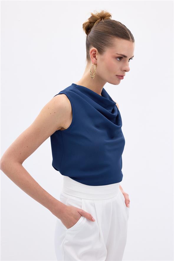 Degaje Yaka Kolsuz Bluz - İndigo