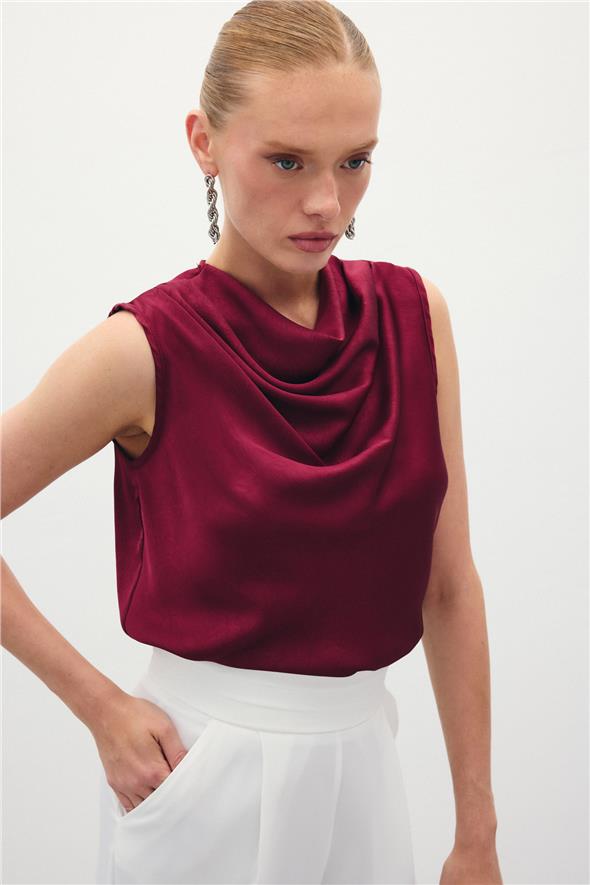 Degaje Yaka Saten Bluz - Bordo
