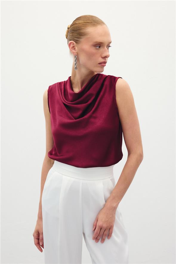 Degaje Yaka Saten Bluz - Bordo