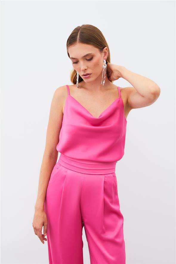 Degaje Yaka Saten Bluz - Fuşya