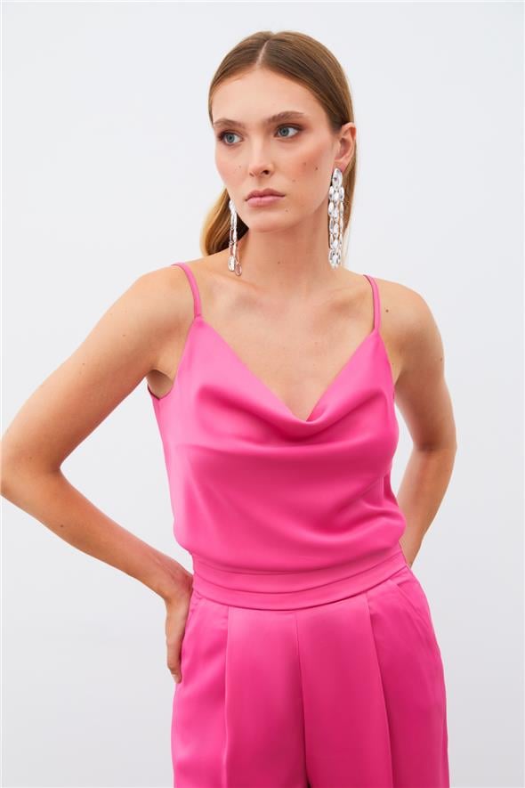 Degaje Yaka Saten Bluz - Fuşya