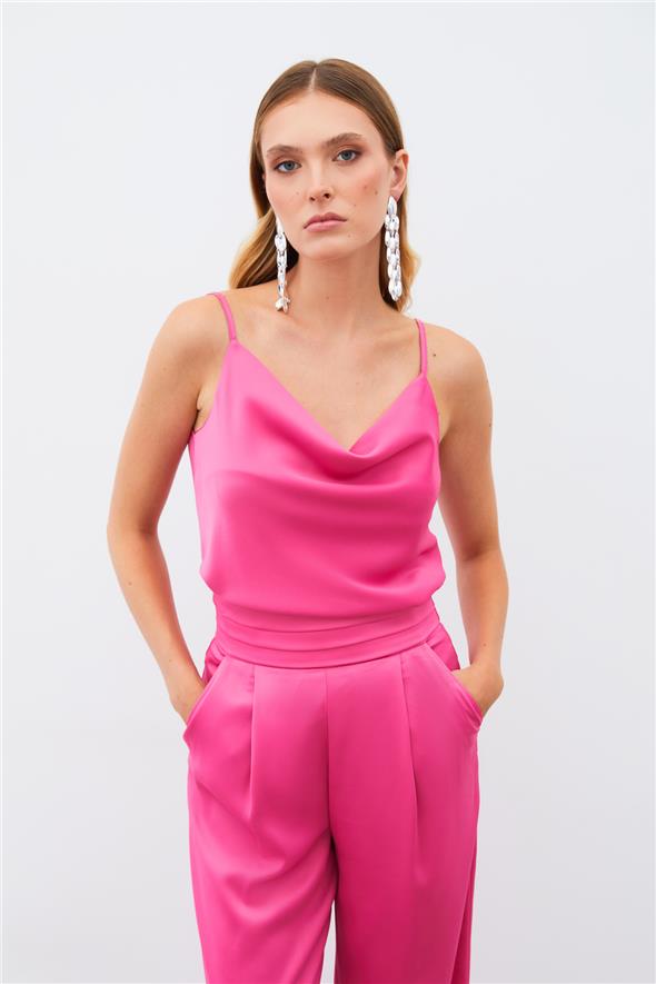 Degaje Yaka Saten Bluz - Fuşya