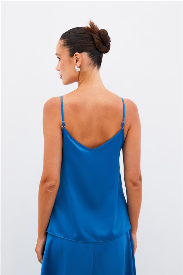 Degaje Yaka Saten Bluz - İndigo