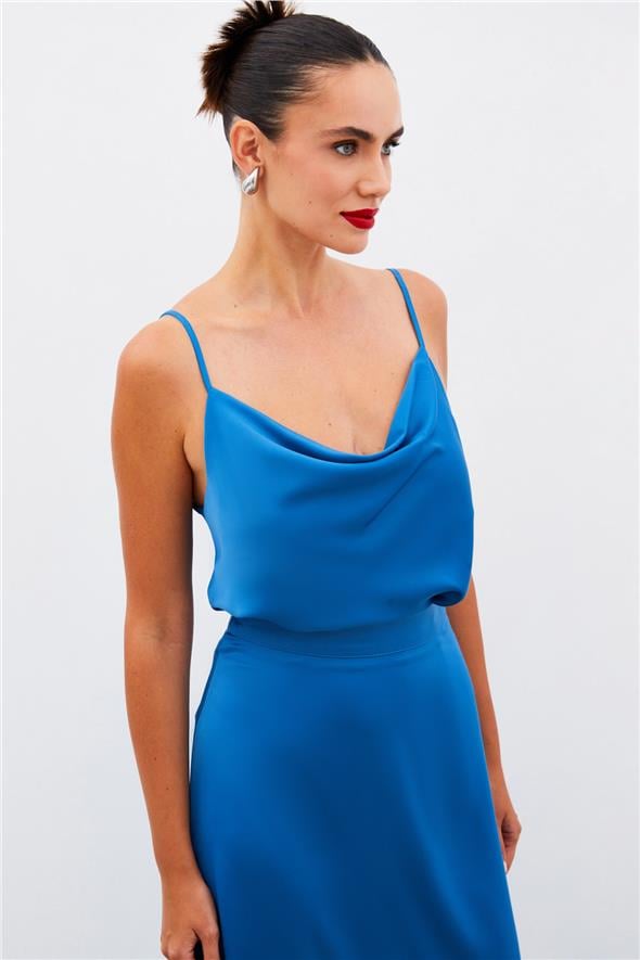 Degaje Yaka Saten Bluz - İndigo