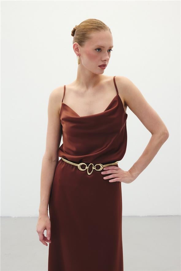 Degaje Yaka Saten Bluz - Kahve