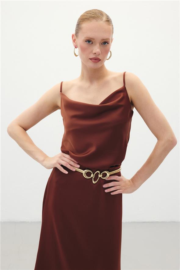 Degaje Yaka Saten Bluz - Kahve