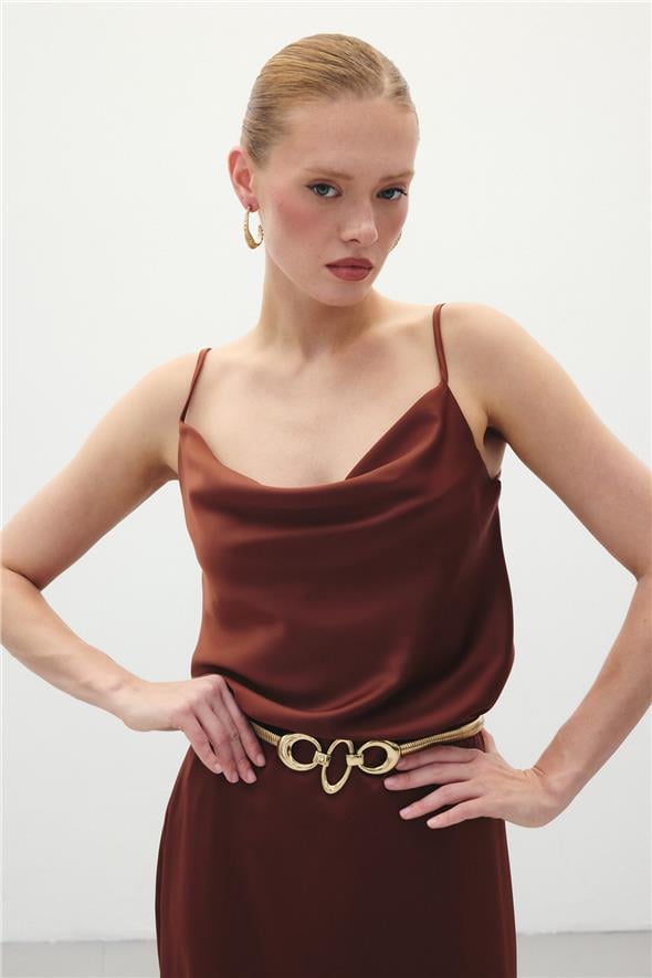 Degaje Yaka Saten Bluz - Kahve