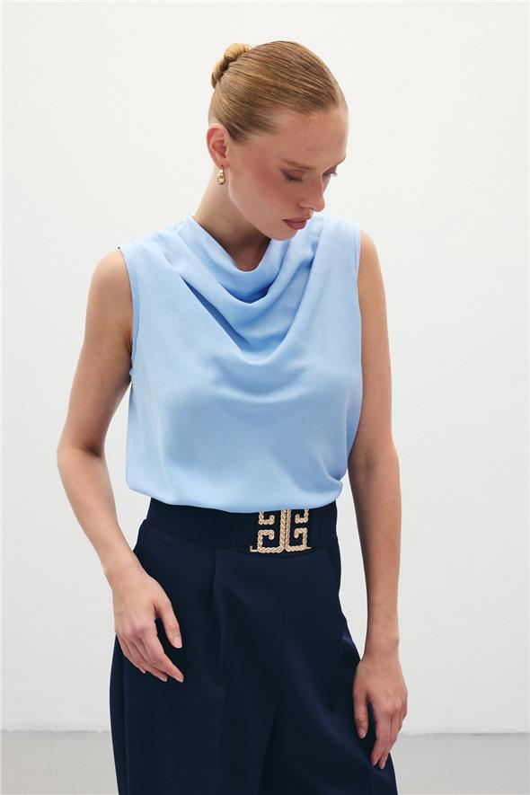 Degaje Yaka Saten Bluz - Mavi