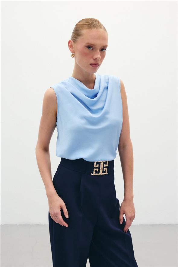 Degaje Yaka Saten Bluz - Mavi