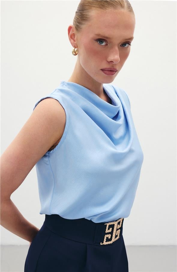 Degaje Yaka Saten Bluz - Mavi
