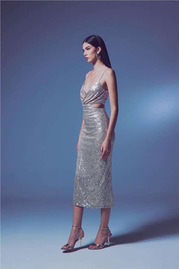 Dekolteli Payet Elbise - Bej