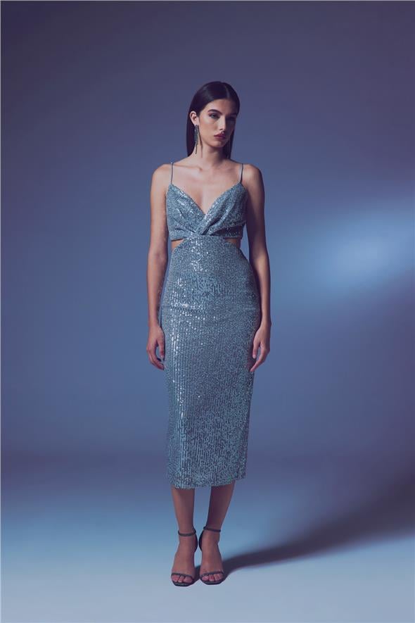 Dekolteli Payet Elbise - Gümüş