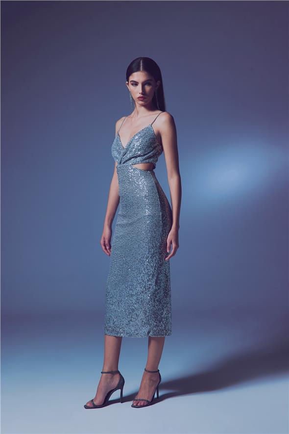 Dekolteli Payet Elbise - Gümüş