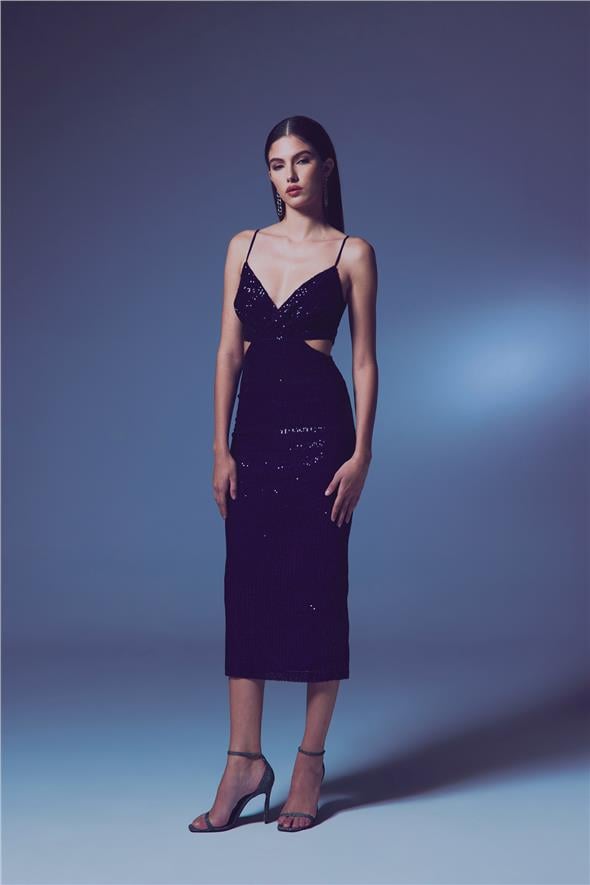 Dekolteli Payet Elbise - Lacivert