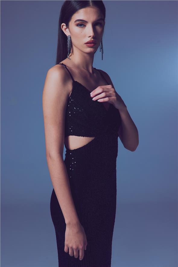 Dekolteli Payet Elbise - Siyah