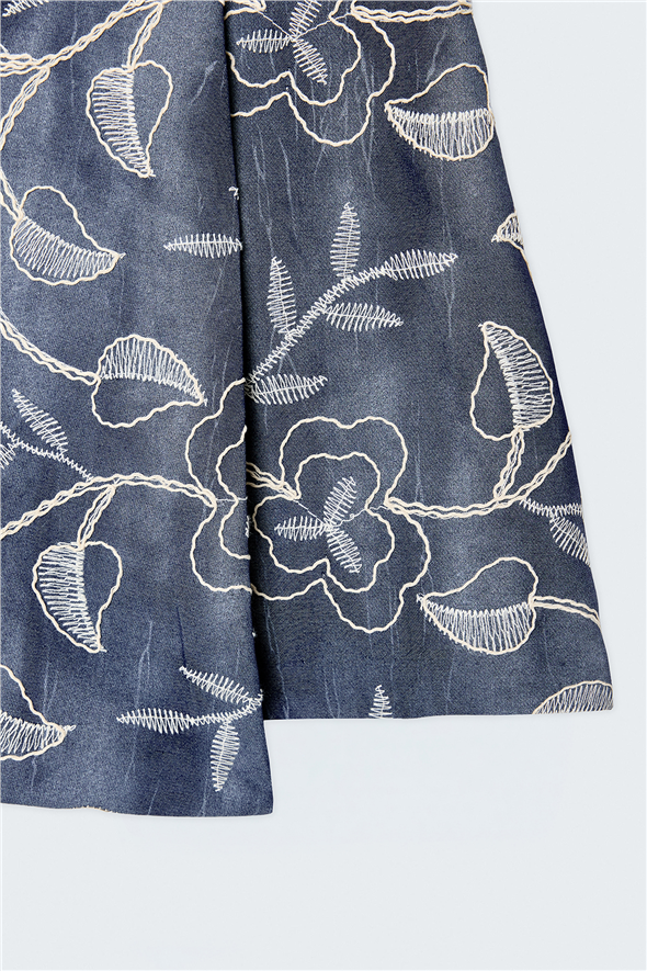Denim Görünümlü Nakışlı Şort Etek - Lacivert