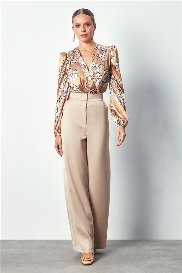 Desenli Bodysuit Bluz - Camel
