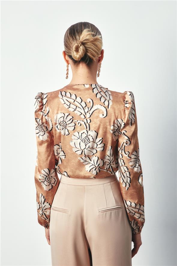 Desenli Bodysuit Bluz - Camel