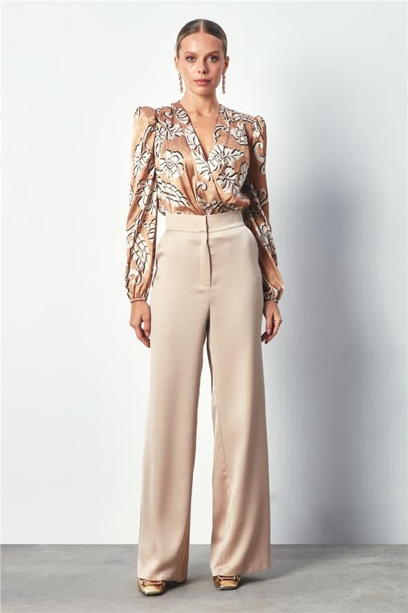 Desenli Bodysuit Bluz - Camel