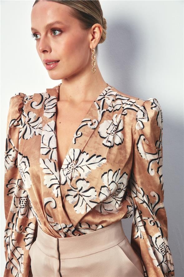 Desenli Bodysuit Bluz - Camel