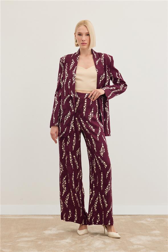 Desenli Bol Paça Pantolon - Bordo