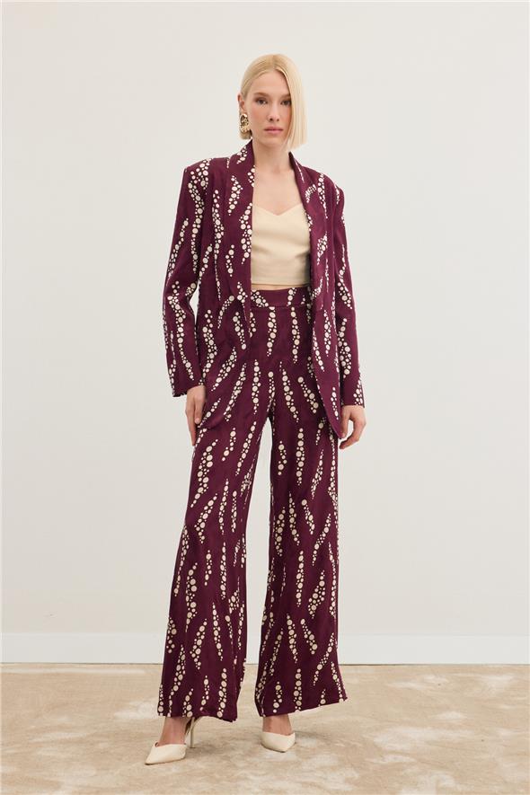 Desenli Bol Paça Pantolon - Bordo