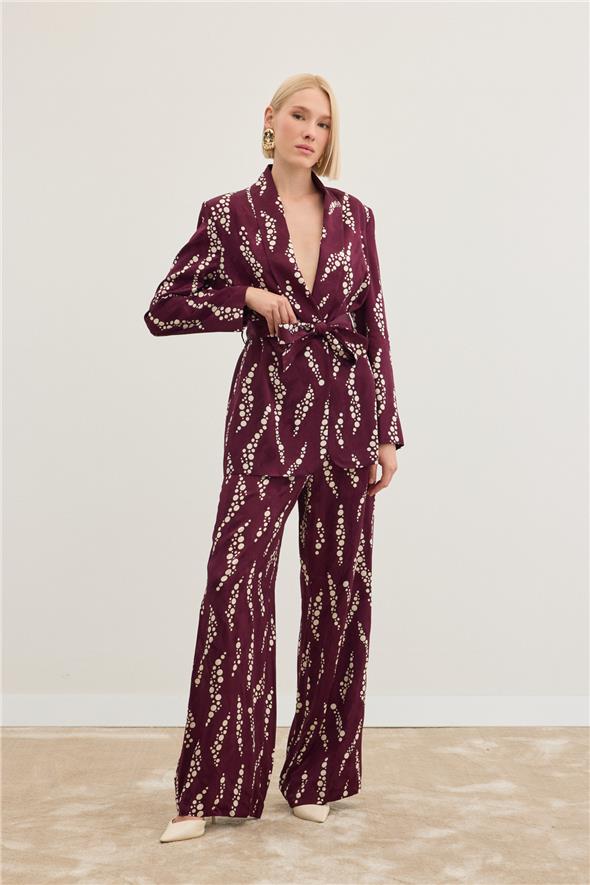 Desenli Bol Paça Pantolon - Bordo