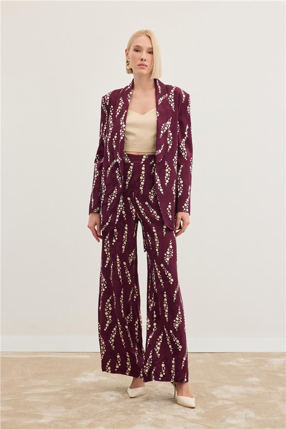 Desenli Bol Paça Pantolon - Bordo