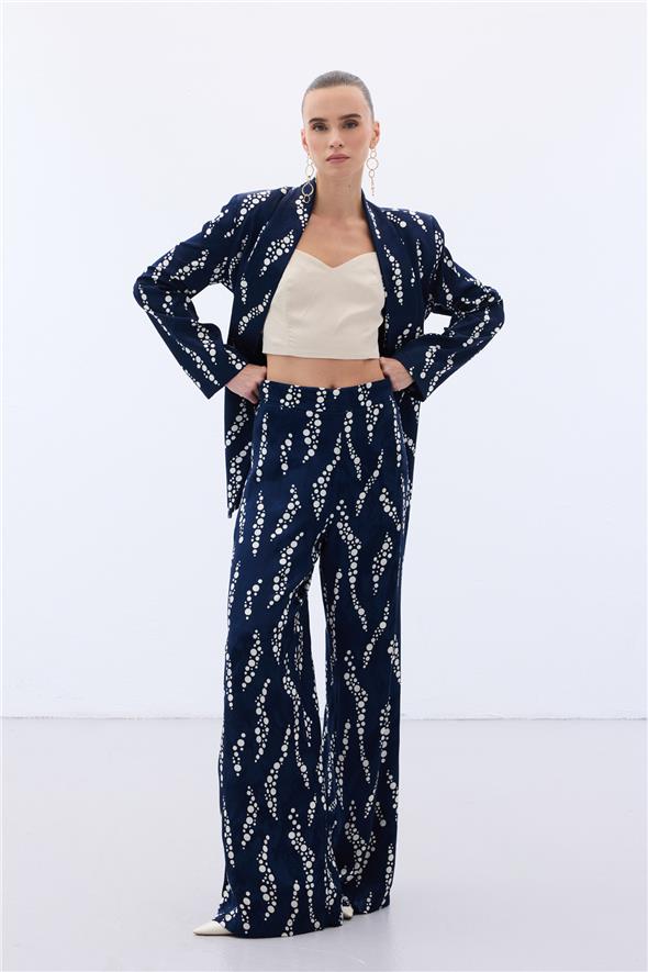 Desenli Bol Paça Pantolon - Lacivert