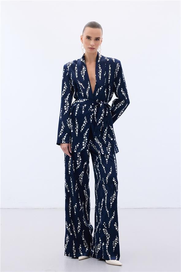 Desenli Bol Paça Pantolon - Lacivert