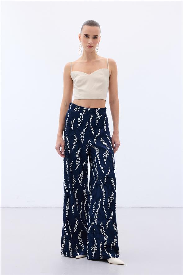 Desenli Bol Paça Pantolon - Lacivert