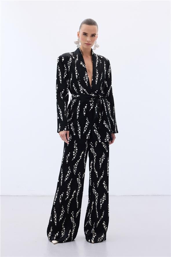 Desenli Bol Paça Pantolon - Siyah