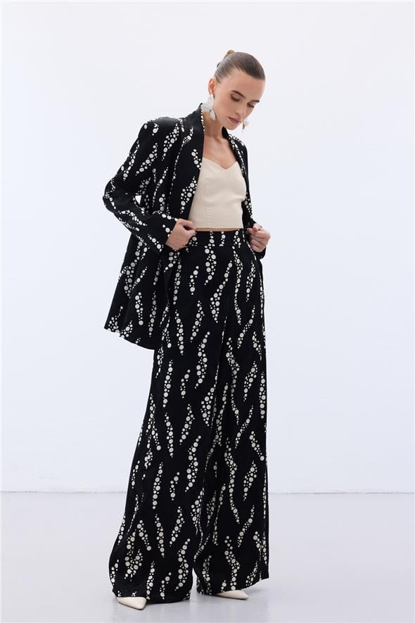 Desenli Bol Paça Pantolon - Siyah