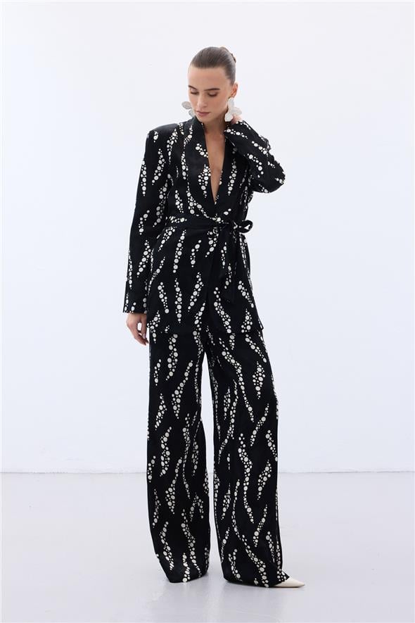 Desenli Bol Paça Pantolon - Siyah