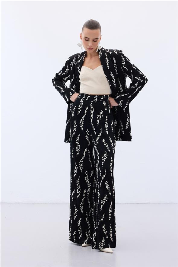 Desenli Bol Paça Pantolon - Siyah