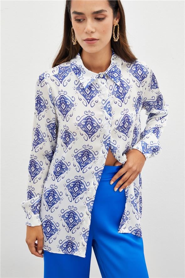 Desenli Düz Gömlek - Sax Mavi