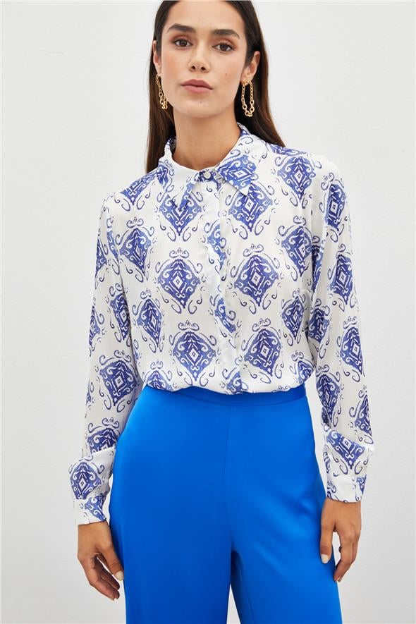 Desenli Düz Gömlek - Sax Mavi