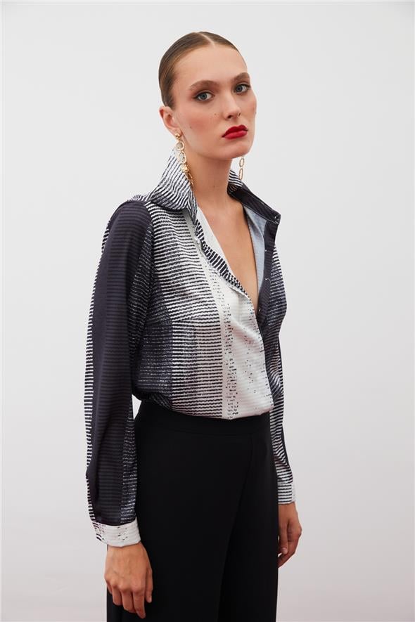 Desenli Düz Gömlek - SİYAH