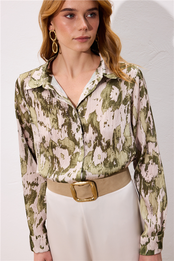 Desenli Düz Kesim Gömlek - Haki