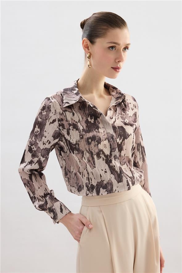Desenli Düz Kesim Gömlek - Kahve