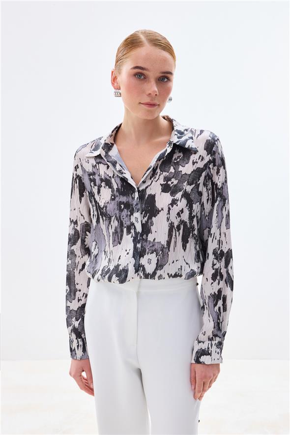 Desenli Düz Kesim Gömlek - Siyah