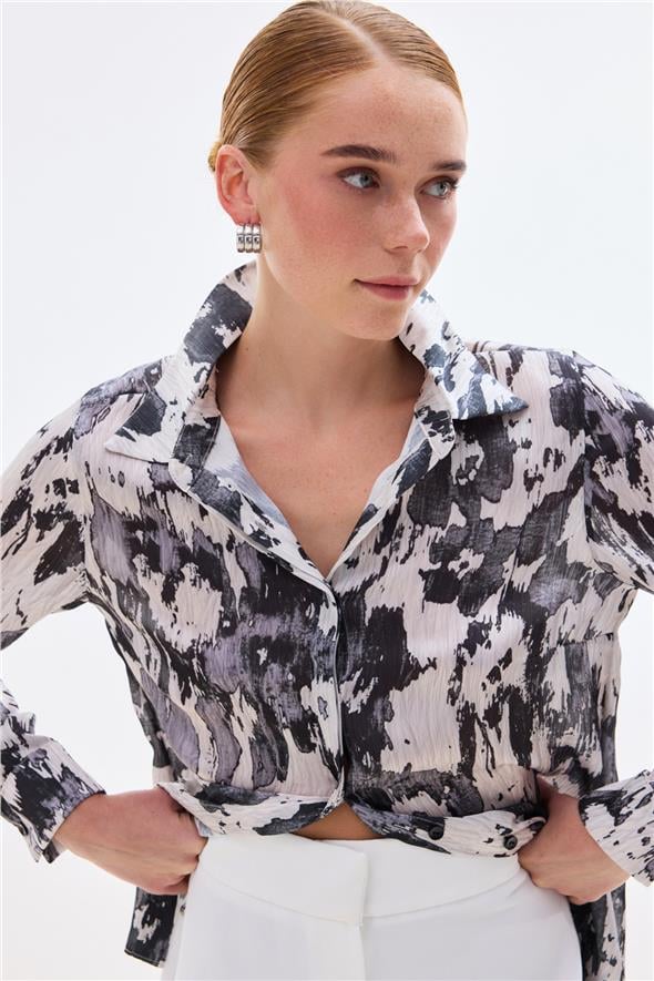 Desenli Düz Kesim Gömlek - Siyah