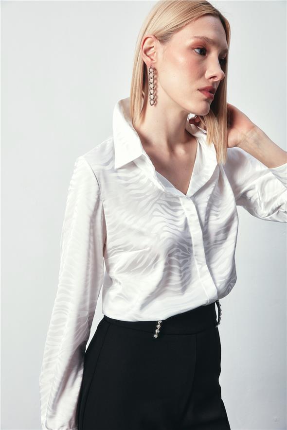 Desenli Düz Klasik Gömlek - Ekru